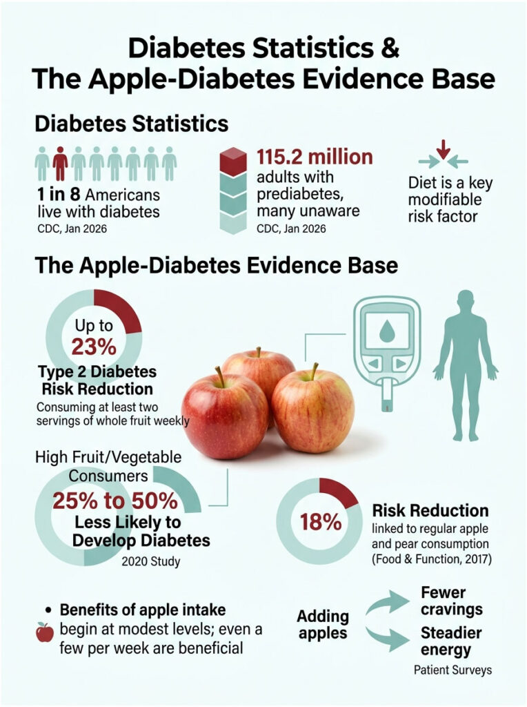 Infographic showing diabetes statistics, risk reduction from apples, and health benefits of fruit consumption.
