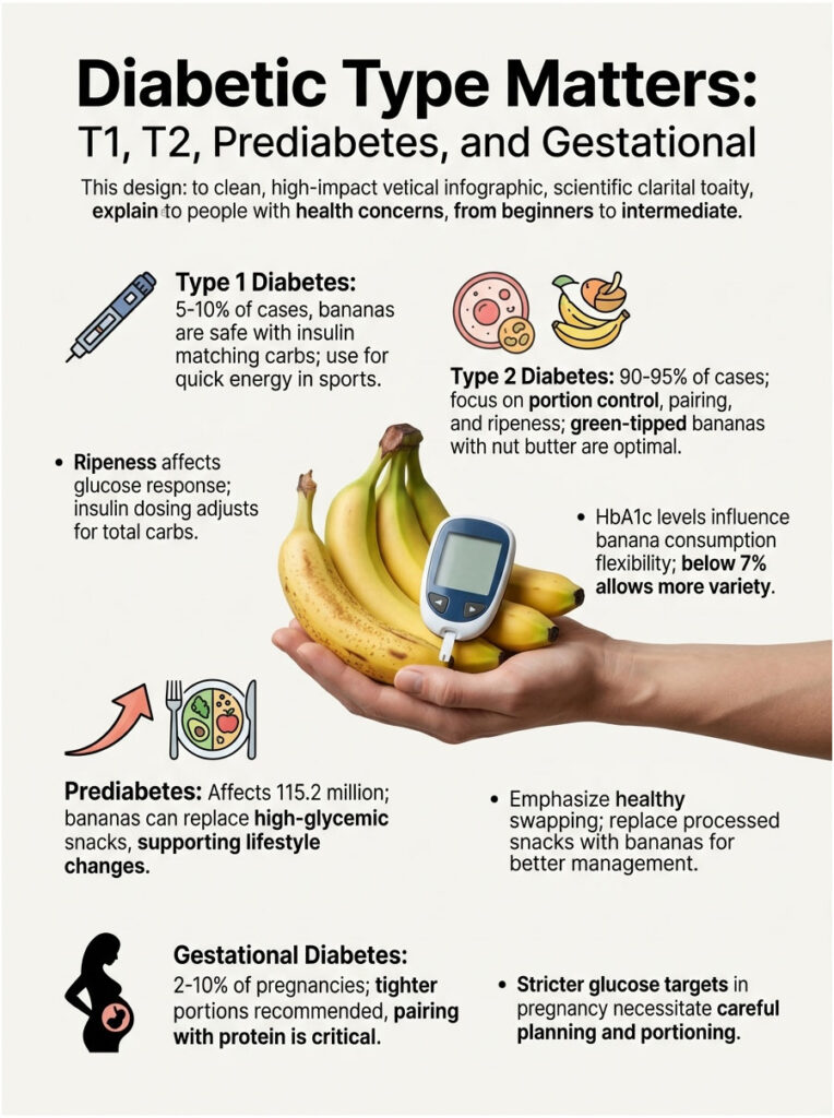Infographic explaining diabetes types with bananas, glucose monitor, and dietary recommendations for health management.