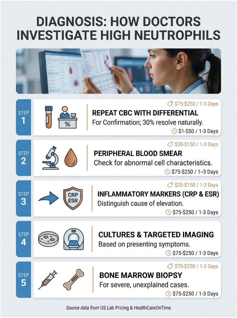 Infographic detailing steps for investigating high neutrophils, including tests and costs involved.