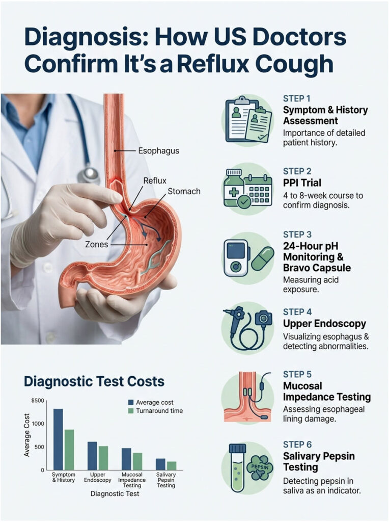 Diagram showing steps for diagnosing reflux cough with charts on test costs and a detailed esophagus illustration. Infographic.
