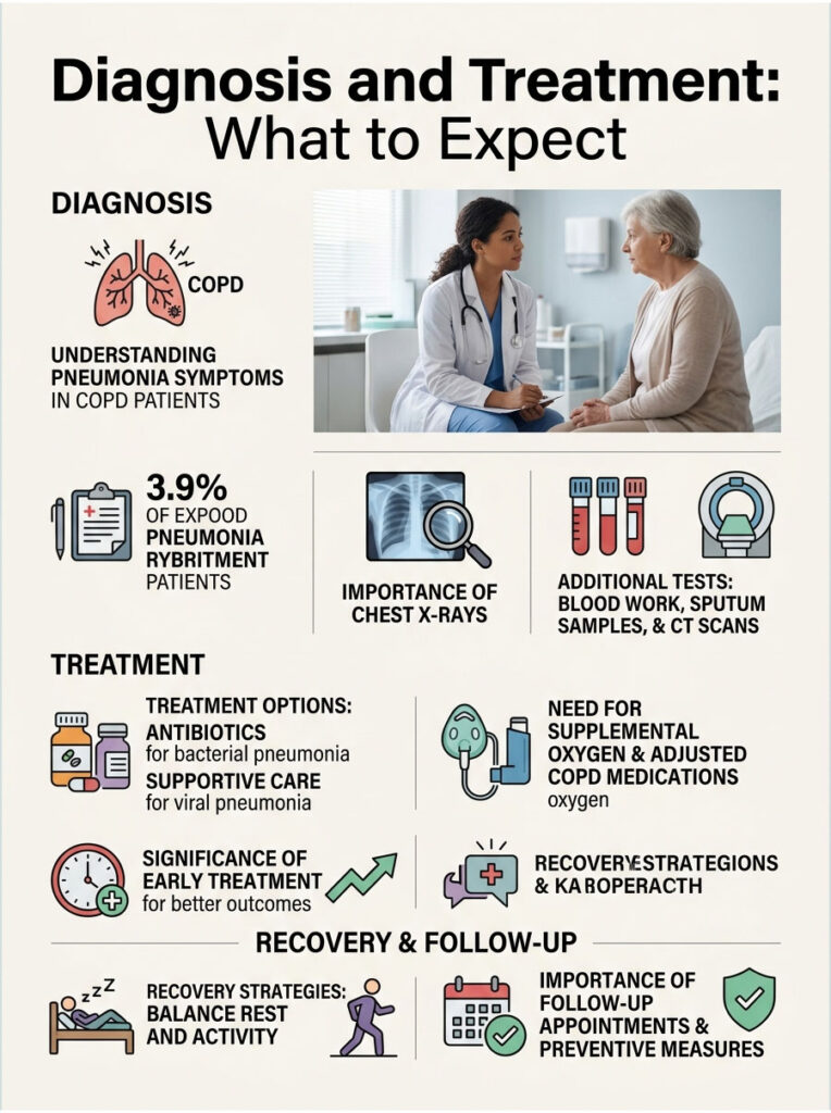 Infographic on pneumonia diagnosis and treatment, featuring charts, icons, and key statistics about COPD and recovery strategies.