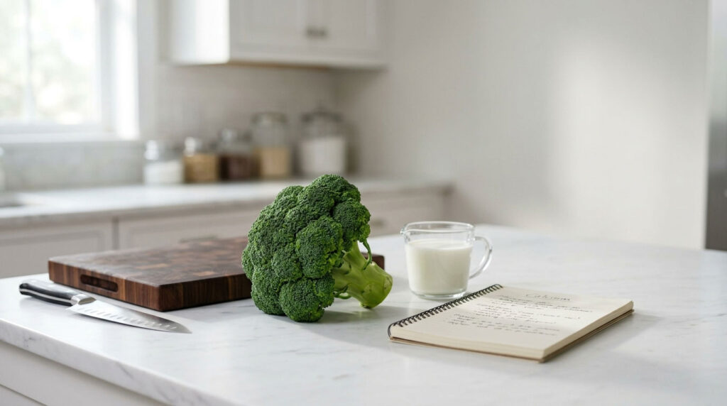 Fresh broccoli sits on a marble countertop beside a glass of milk and an open notebook with handwritten notes.