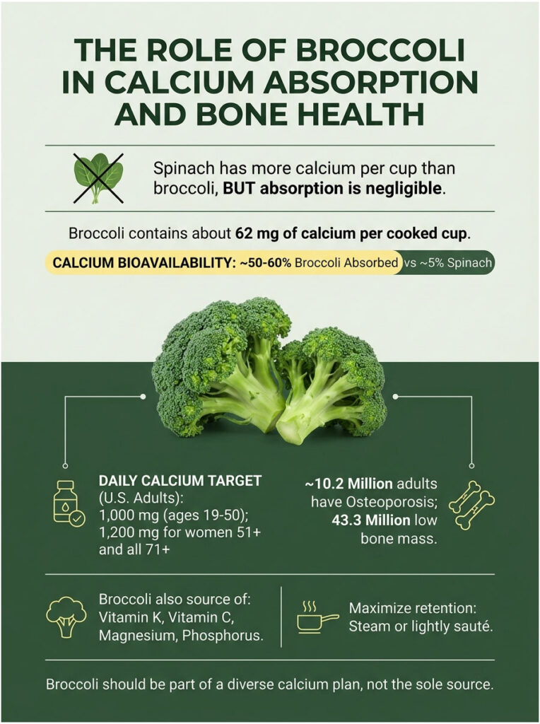 Infographic showing broccoli's role in calcium absorption, with data on calcium content and bioavailability.