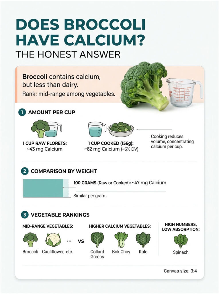 Infographic showing calcium content in broccoli, comparing raw and cooked amounts, and vegetable rankings.