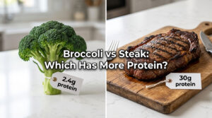 A broccoli head and a grilled steak on a wooden board with protein labels showing 2.4g and 30g, respectively.