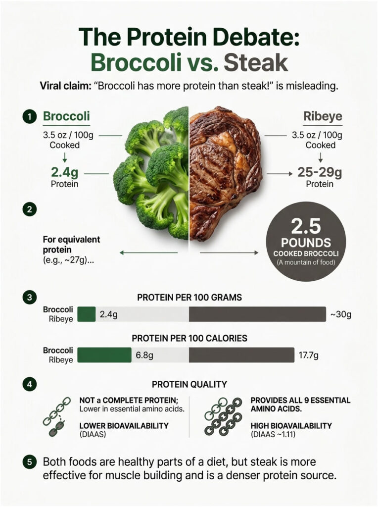 Infographic comparing protein content in broccoli and ribeye steak, showing data and visuals on protein quality and quantity.
