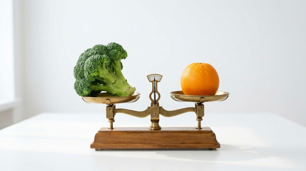 A vintage scale balances a fresh broccoli and an orange on either side against a bright background.