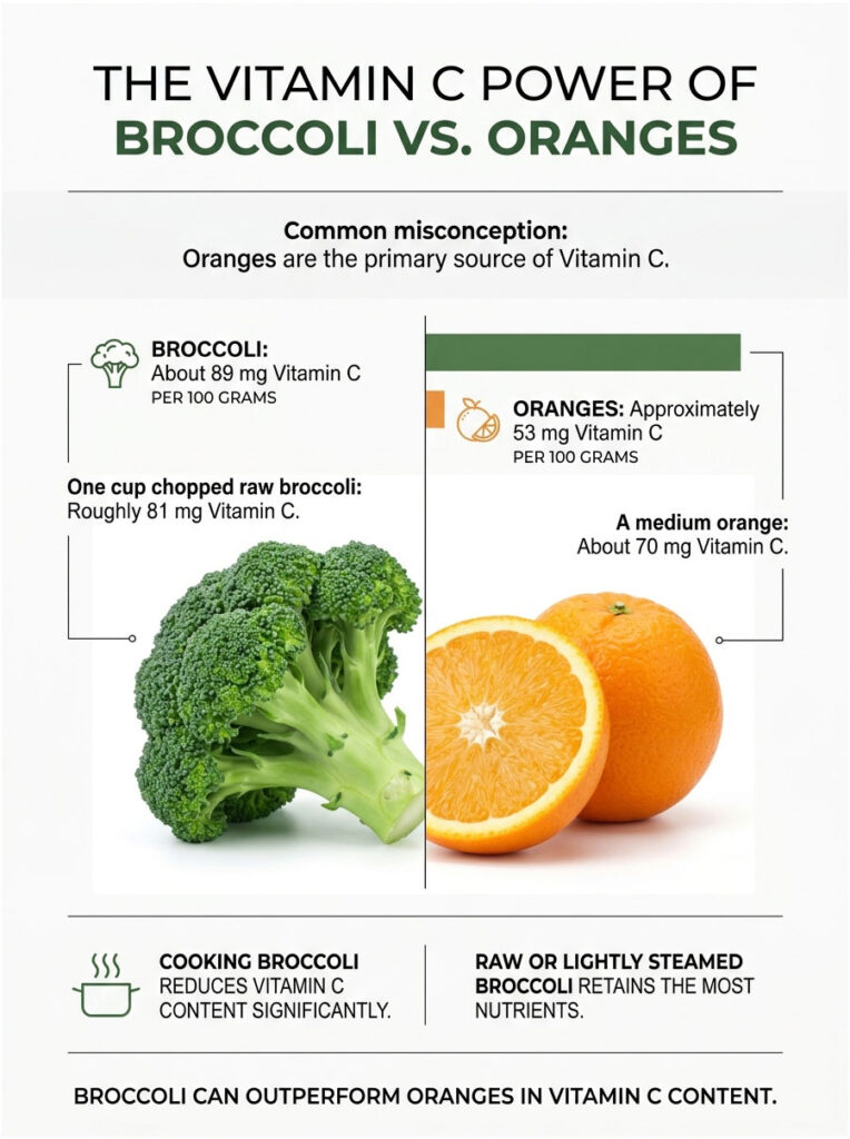 Infographic comparing Vitamin C content in broccoli and oranges, highlighting nutritional facts and cooking effects.
