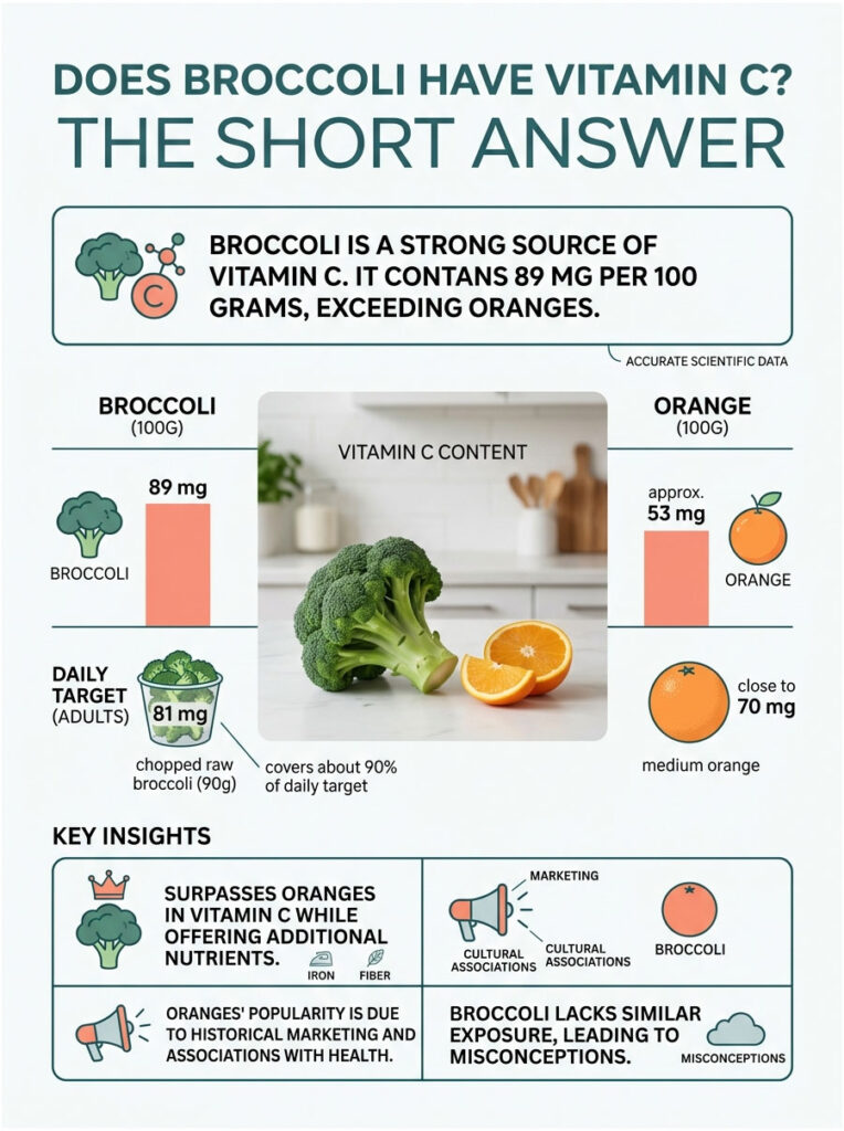 Infographic comparing vitamin C content in broccoli and oranges, showing 89 mg in broccoli and 53 mg in oranges.