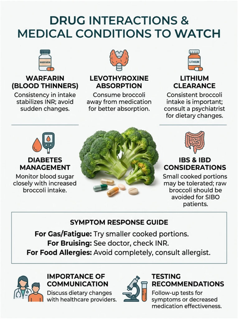 Infographic detailing drug interactions and medical conditions related to broccoli intake, including warnings and guidelines.