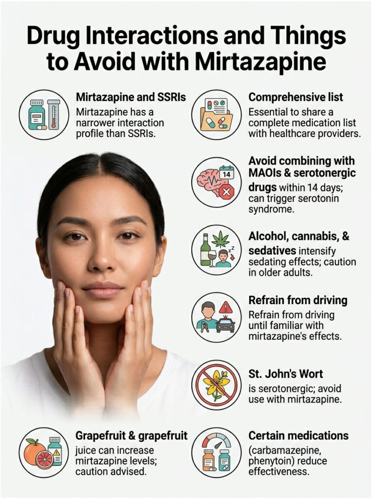 Infographic detailing drug interactions to avoid with Mirtazapine, featuring icons and key points on interactions.