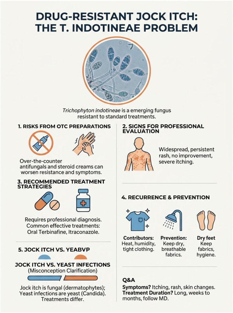 Infographic on drug-resistant jock itch with sections on risks, signs, treatments, and prevention strategies.