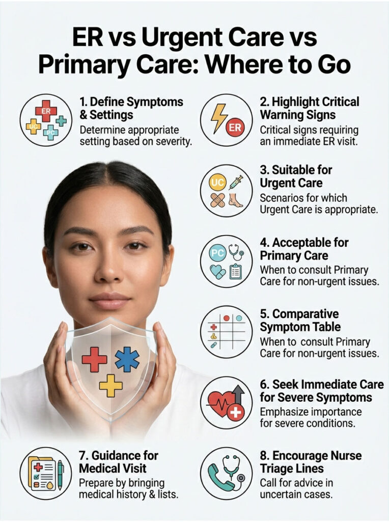 Infographic comparing ER, urgent care, and primary care with icons and key points for each option.