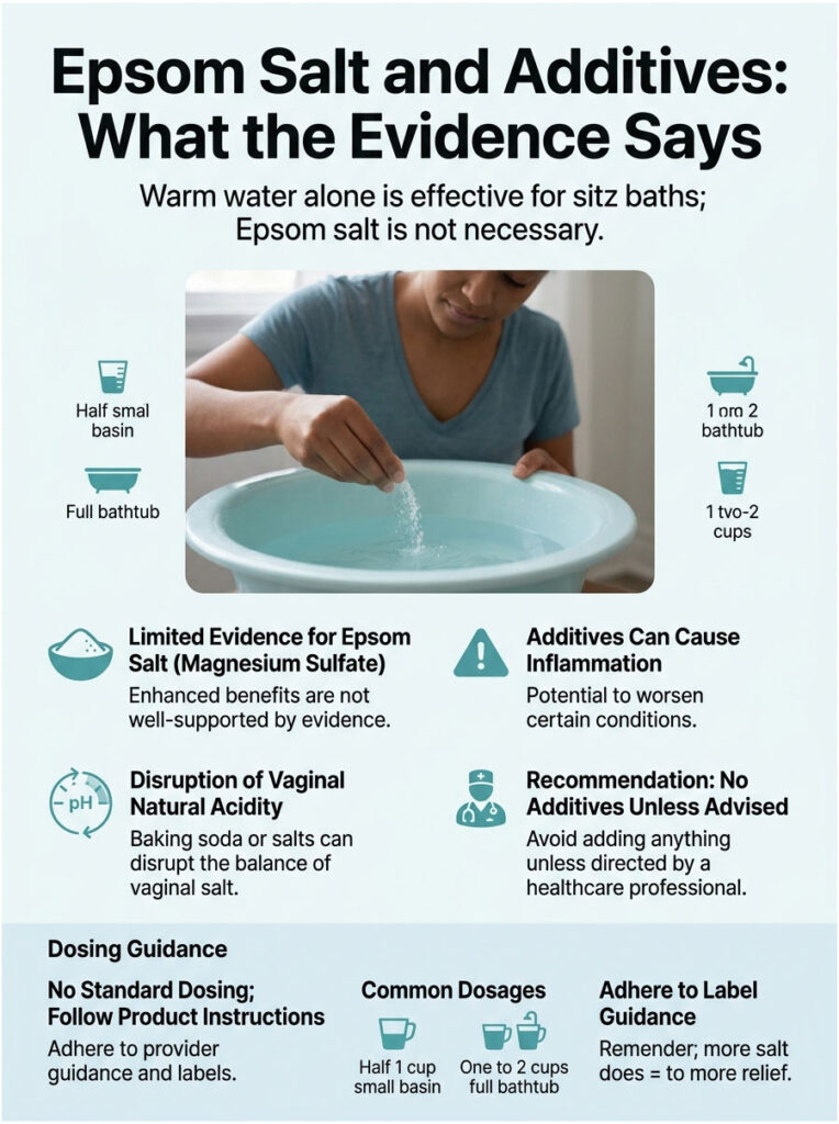 Infographic showing Epsom salt evidence, sitz bath recommendations, and dosing guidance with icons and text.