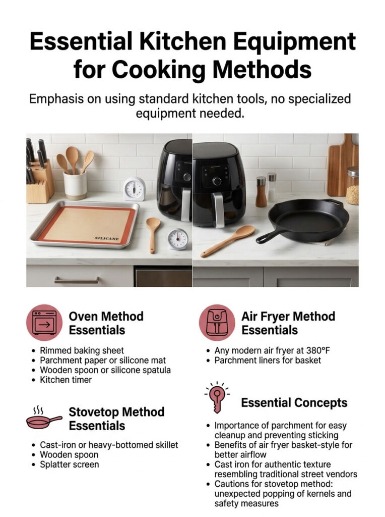 Infographic showing essential kitchen equipment for cooking methods, including oven, air fryer, and stovetop tools.
