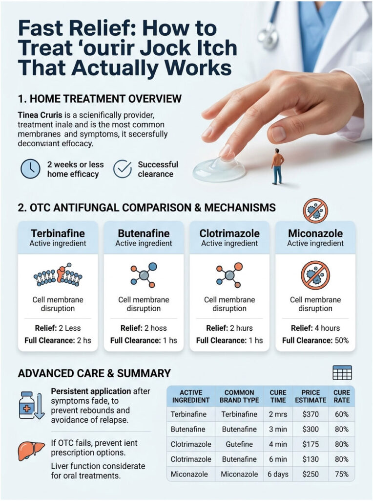 Infographic on jock itch treatment with charts comparing antifungal medications and their effectiveness.