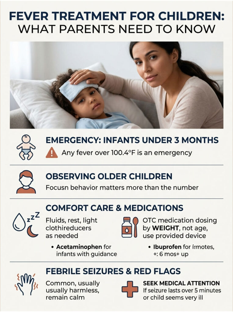 Infographic on fever treatment for children, detailing emergencies, care, and medications with icons and text.