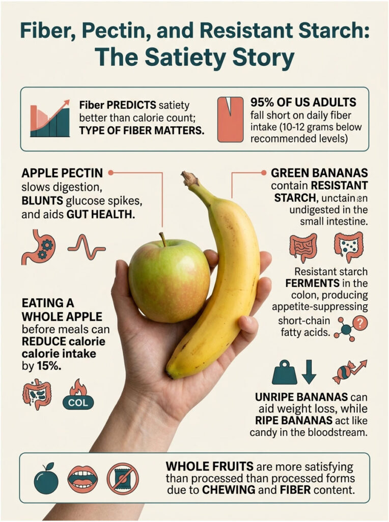 Infographic showing fiber types, benefits of apple pectin, and resistant starch in bananas with illustrations.