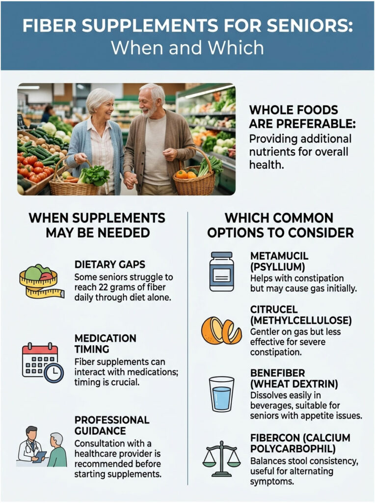 Seniors shopping for vegetables with text on fiber supplements, dietary gaps, and options to consider. Infographic.