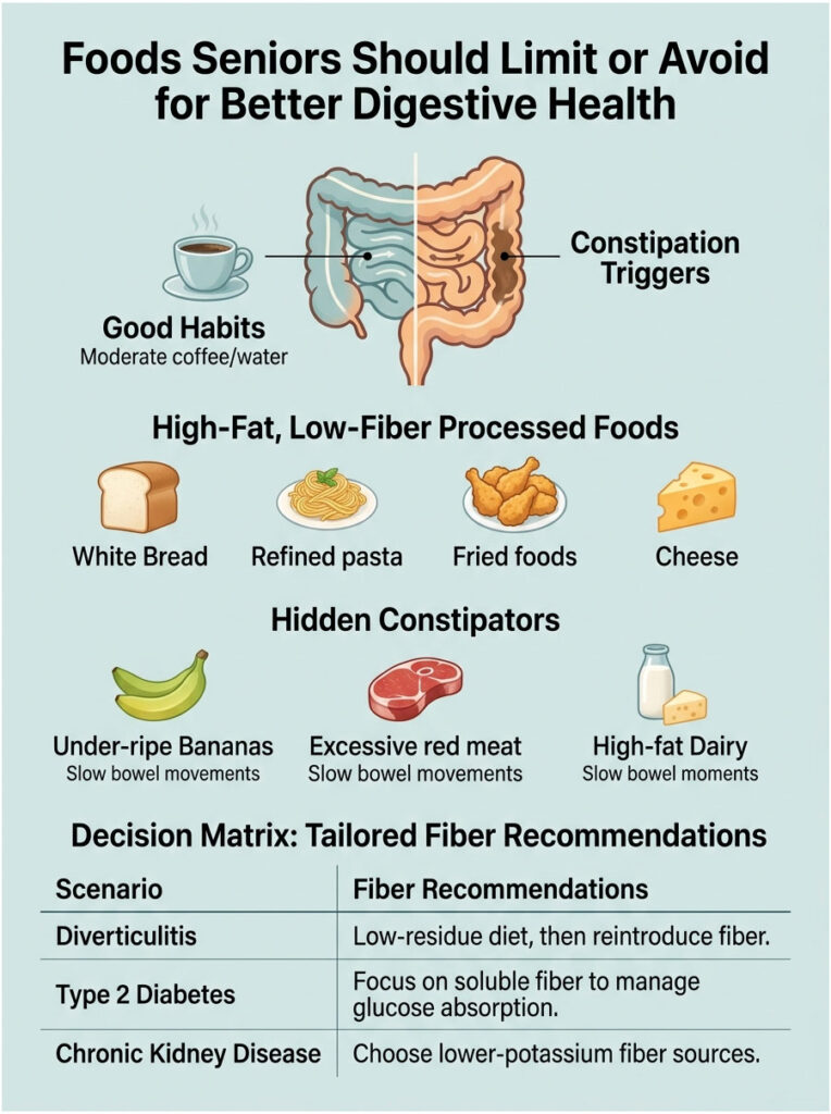 Infographic showing foods seniors should limit for better digestive health, including charts and icons.