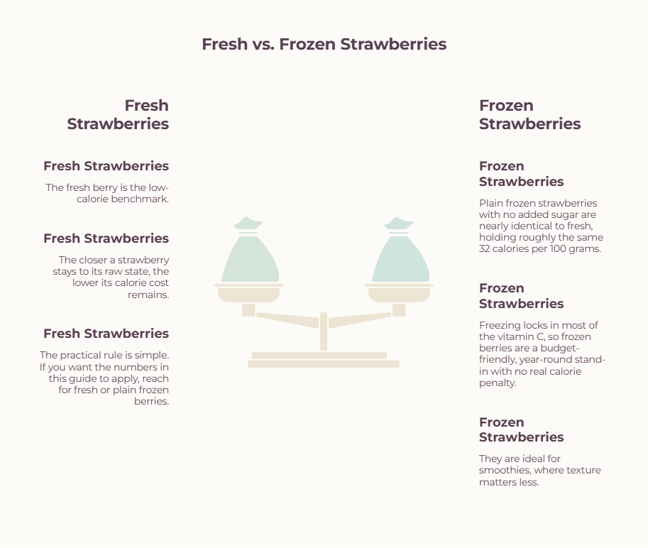 Comparison of fresh and frozen strawberries, highlighting calorie content and benefits of each type. Infographic.
