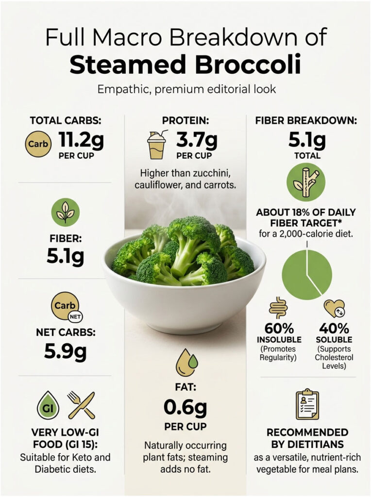 Infographic detailing the macro breakdown of steamed broccoli, including carbs, protein, fiber, and fat content.