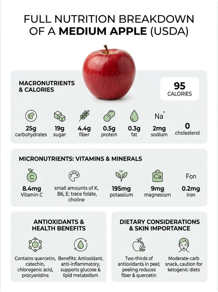 Infographic showing full nutrition breakdown of a medium apple, including macronutrients and micronutrients.