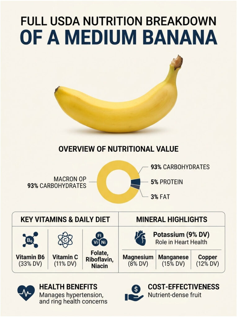 Infographic showing nutritional breakdown of a medium banana with charts for carbohydrates, protein, and fat percentages.