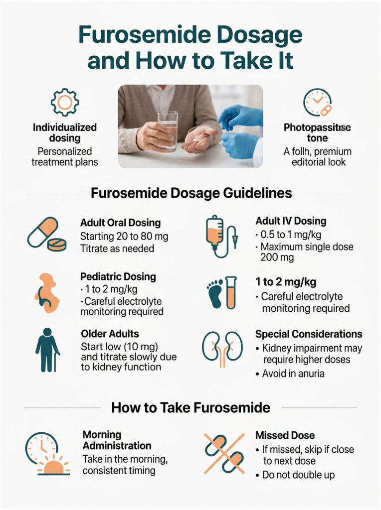 Infographic detailing Furosemide dosage guidelines and administration methods with icons and text.