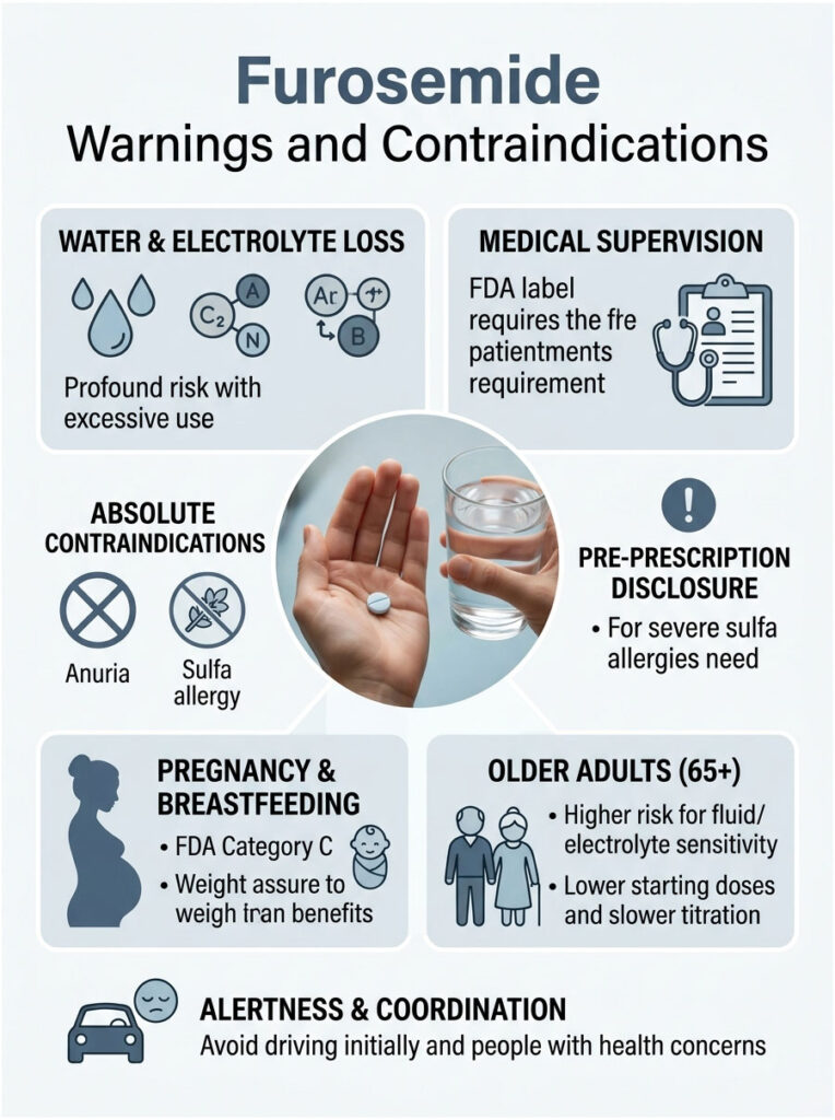Infographic detailing warnings and contraindications for Furosemide, including medical supervision and risks.