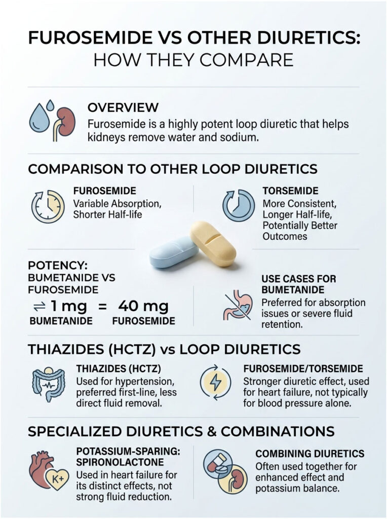 Infographic comparing furosemide and other diuretics, detailing potency, use cases, and absorption differences.