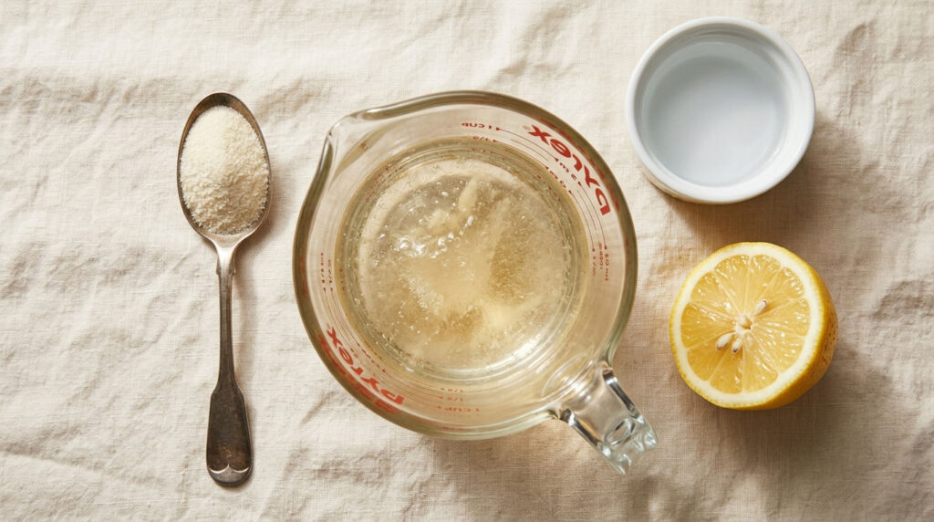 A measuring cup with liquid, a spoon of sugar, a lemon half, and a small dish on a linen surface.
