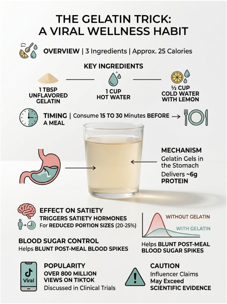 Infographic showing the gelatin trick with ingredients, timing, effects on satiety, and blood sugar control.