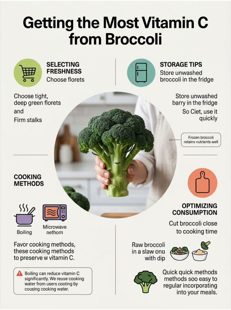 Infographic on maximizing vitamin C from broccoli, featuring tips on freshness, storage, cooking methods, and consumption.