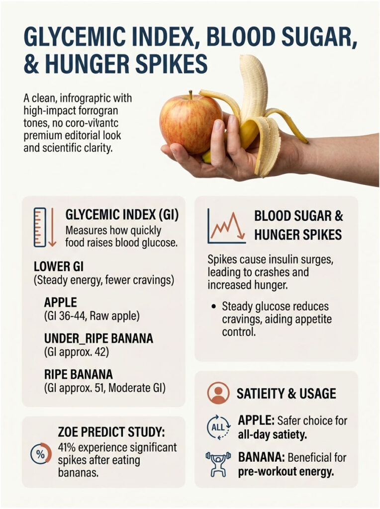 Infographic showing Glycemic Index, blood sugar effects, and hunger spikes with data on apples and bananas.