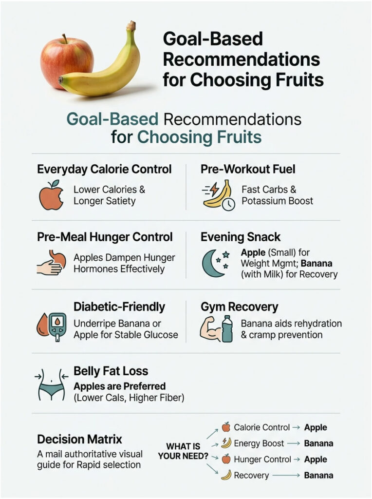Infographic showing goal-based fruit recommendations with apples and bananas for various health benefits.
