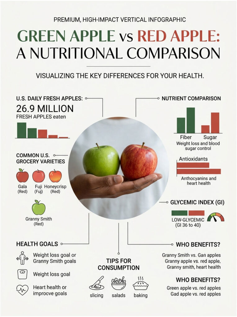 Infographic comparing green and red apples' nutrition, showing charts for fiber, sugar, and glycemic index with visuals of apples.
