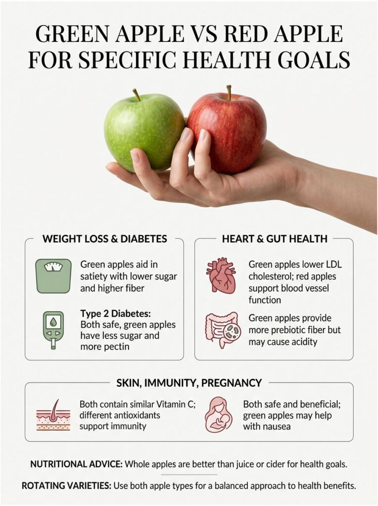 A hand holds a green apple and a red apple, comparing health benefits in an infographic format with labeled sections.