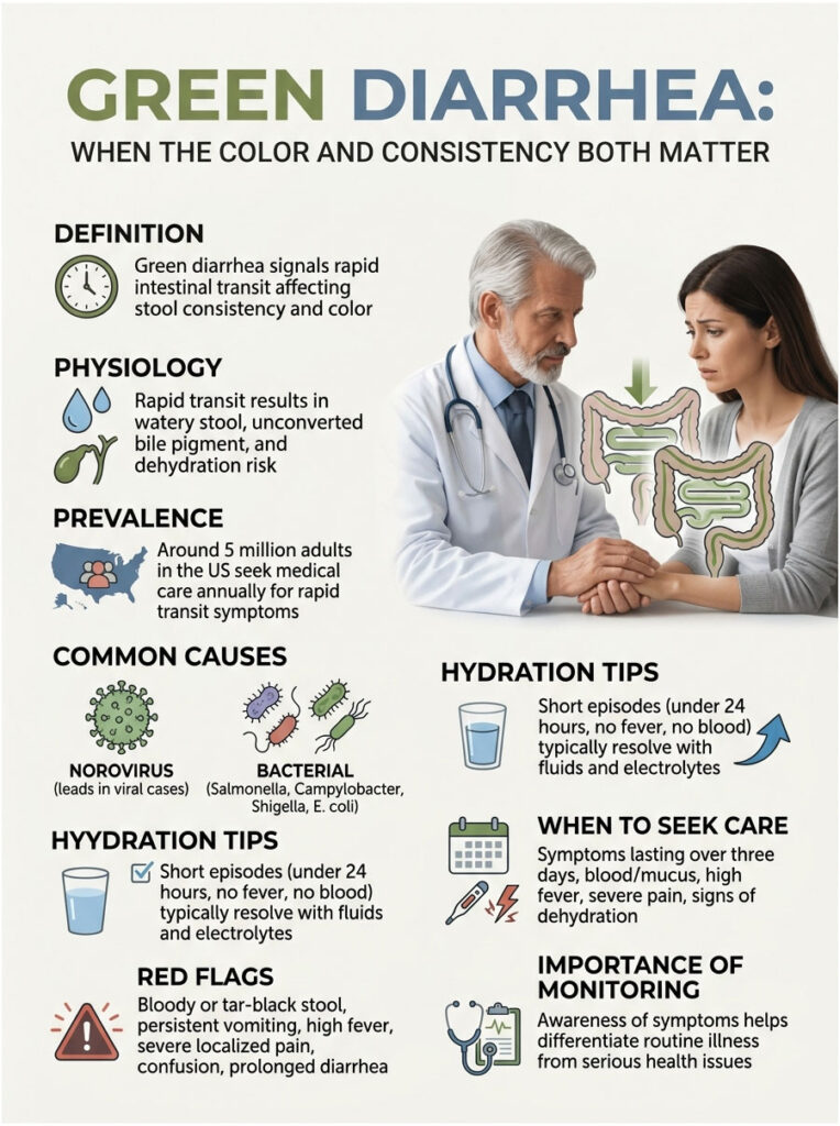 Infographic explaining green diarrhea, its causes, symptoms, and hydration tips with illustrations and statistics.