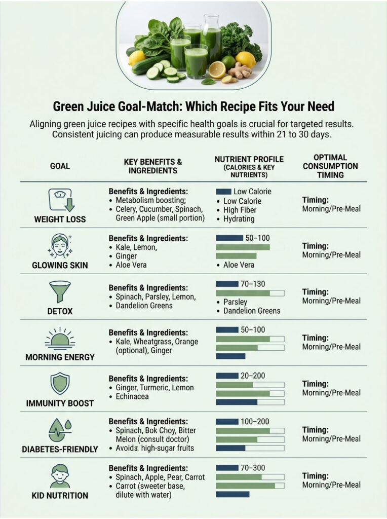 Infographic detailing green juice recipes for health goals including weight loss, glowing skin, and detox benefits.
