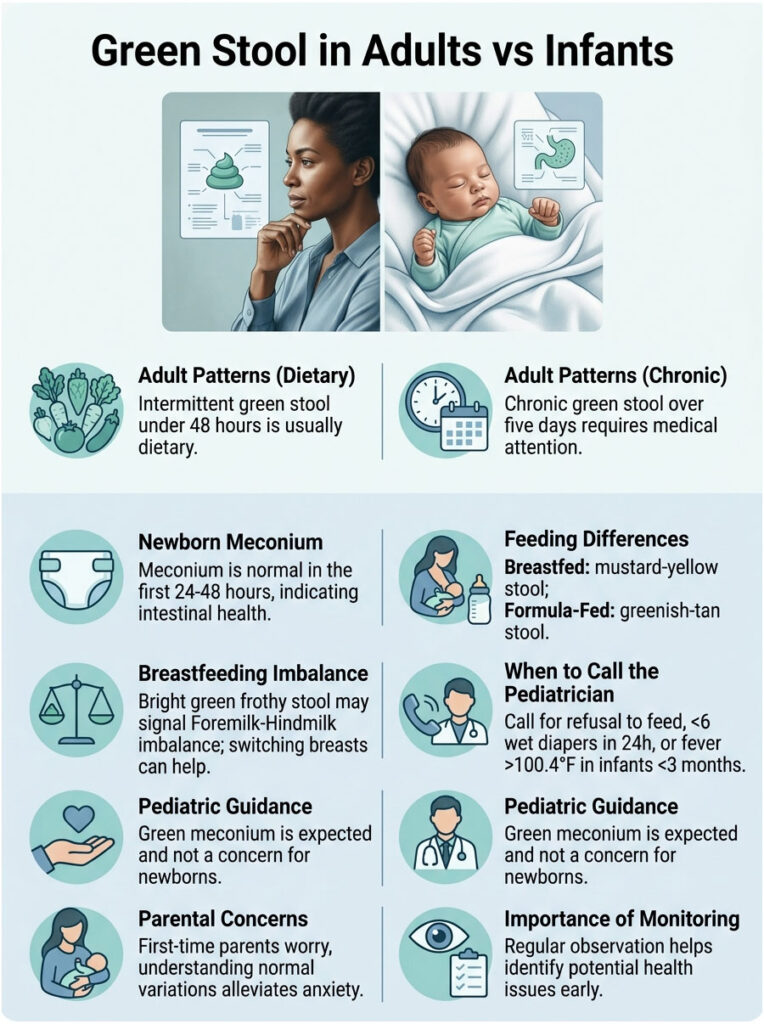 Infographic comparing green stool in adults and infants, detailing dietary patterns, meconium, and pediatric guidance.