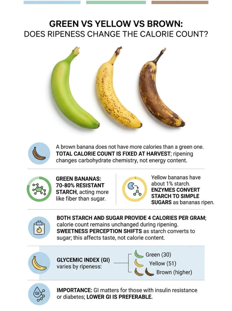 Infographic comparing calorie counts of green, yellow, and brown bananas with charts and key information on ripeness.