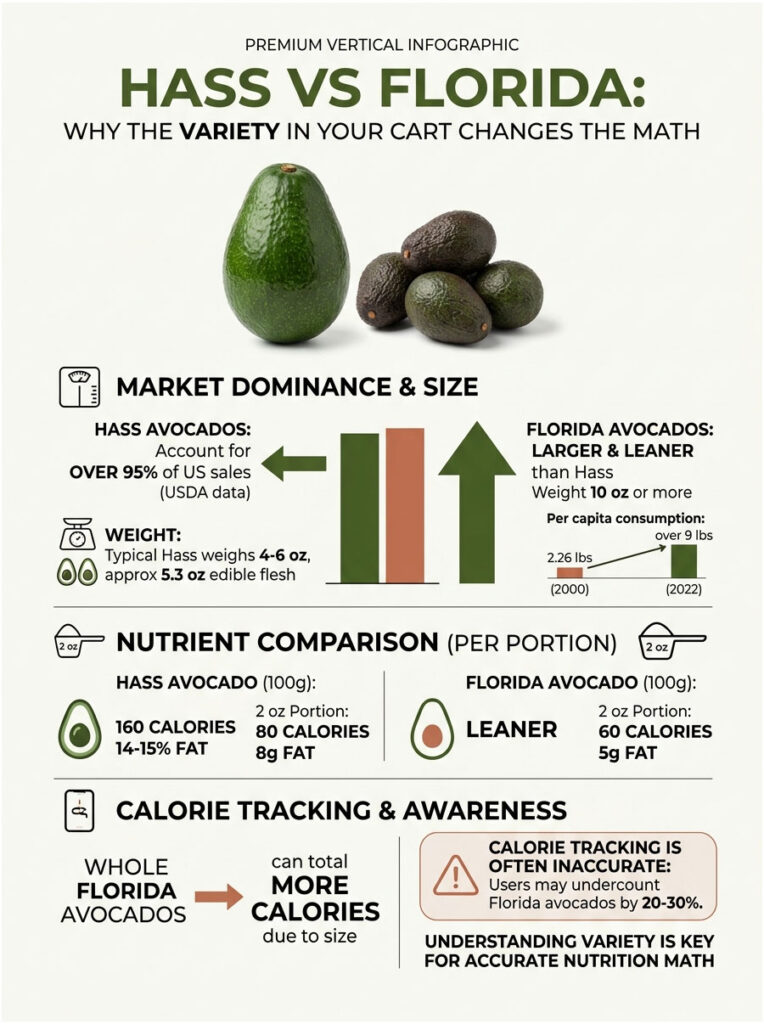 Infographic comparing Hass and Florida avocados, highlighting size, calories, and nutrient differences.