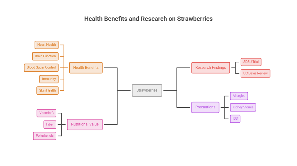 Infographic showing health benefits and research on strawberries, including health benefits, nutritional value, and precautions.