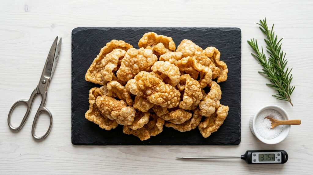 A pile of crispy pork rinds on a slate board with scissors, rosemary, salt, and a thermometer nearby.