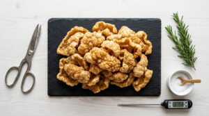 A pile of crispy pork rinds on a slate board with scissors, rosemary, salt, and a thermometer nearby.