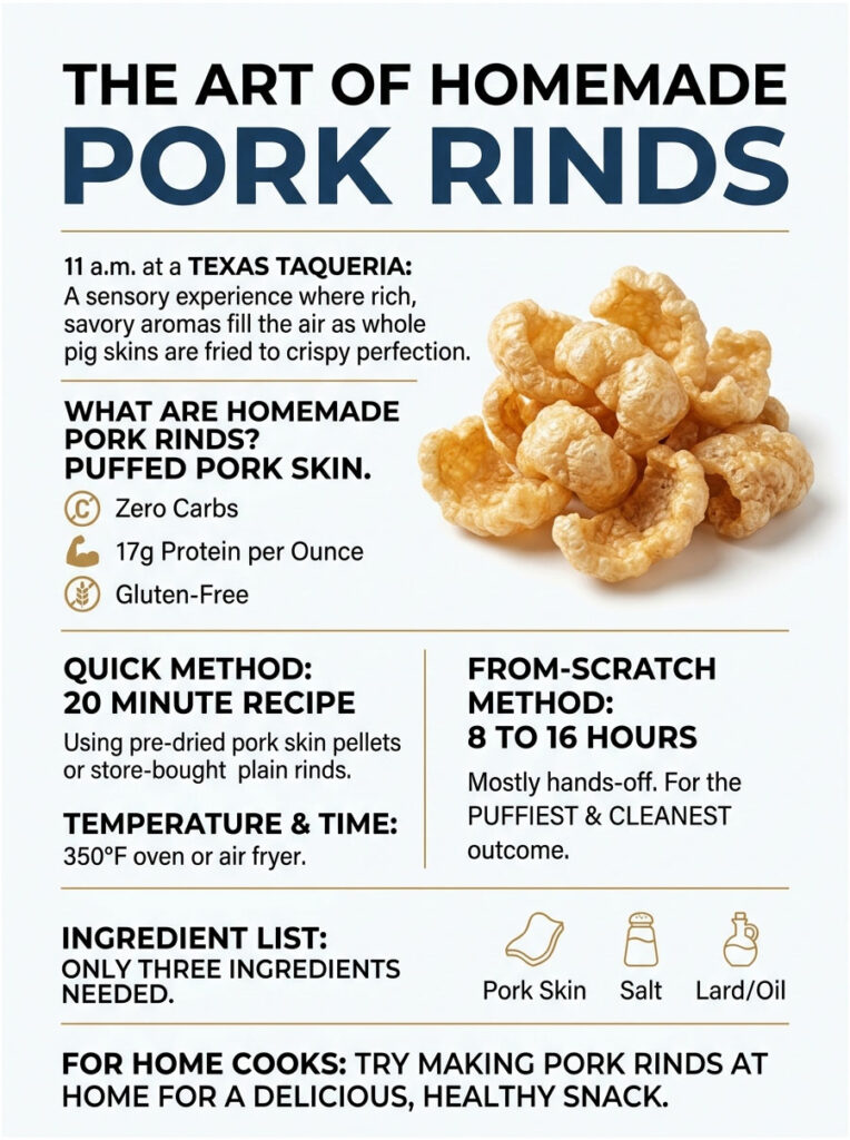Infographic explaining homemade pork rinds, including methods, ingredients, and nutritional information.