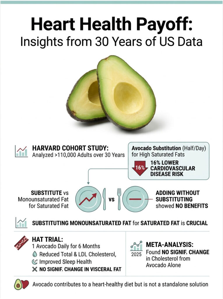 Infographic showing heart health benefits of avocado substitution, study data, and key findings on fat types.
