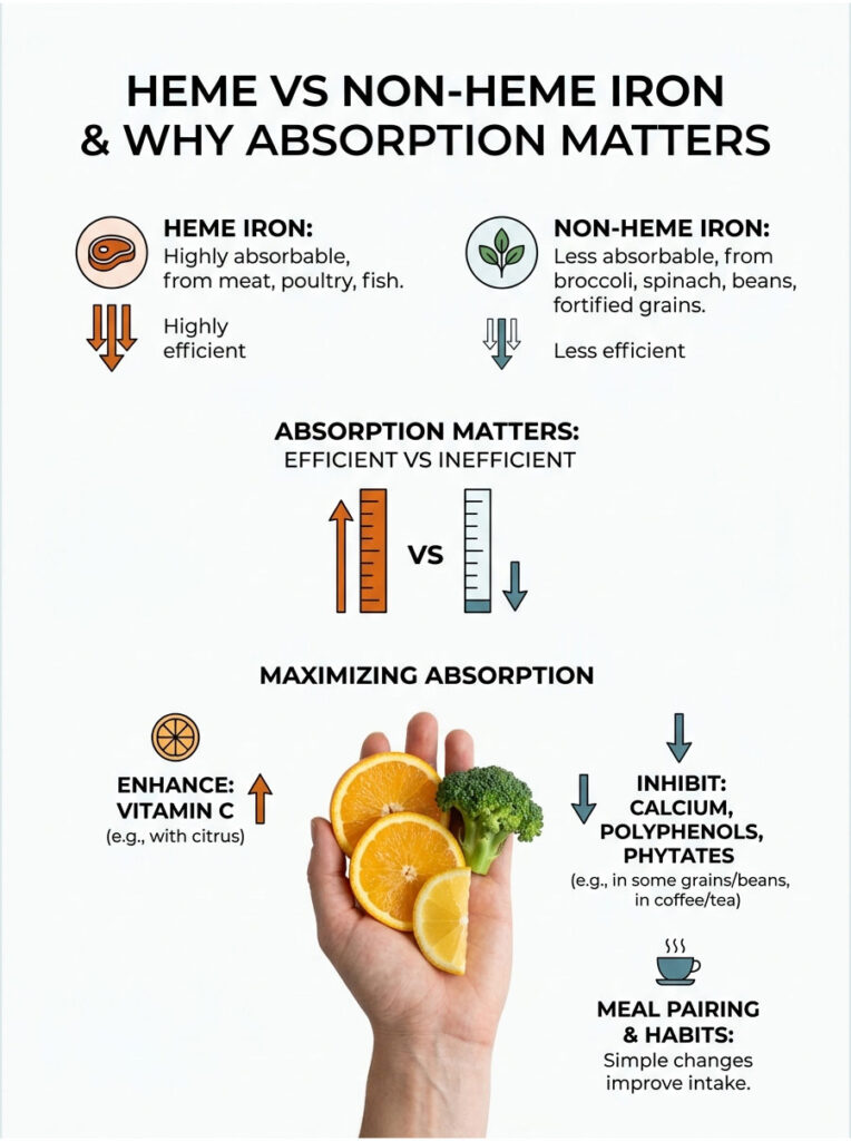 Infographic comparing heme and non-heme iron absorption, featuring charts, icons, and food illustrations.