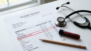 A patient report showing high neutrophil levels, a stethoscope, and a blood sample vial on a table.